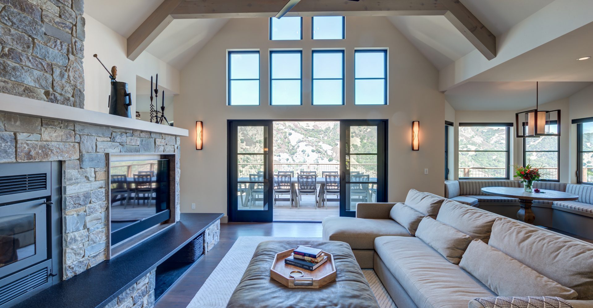 Custom living room remodel with skylights and fireplace by Sonoma County home builder LEFF Design Build.