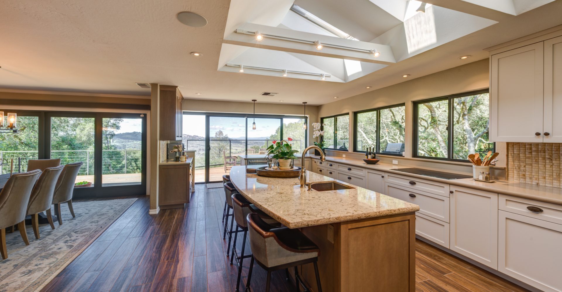 Kitchen remodel with skylights and views by Sonoma County home builder LEFF Design Build.