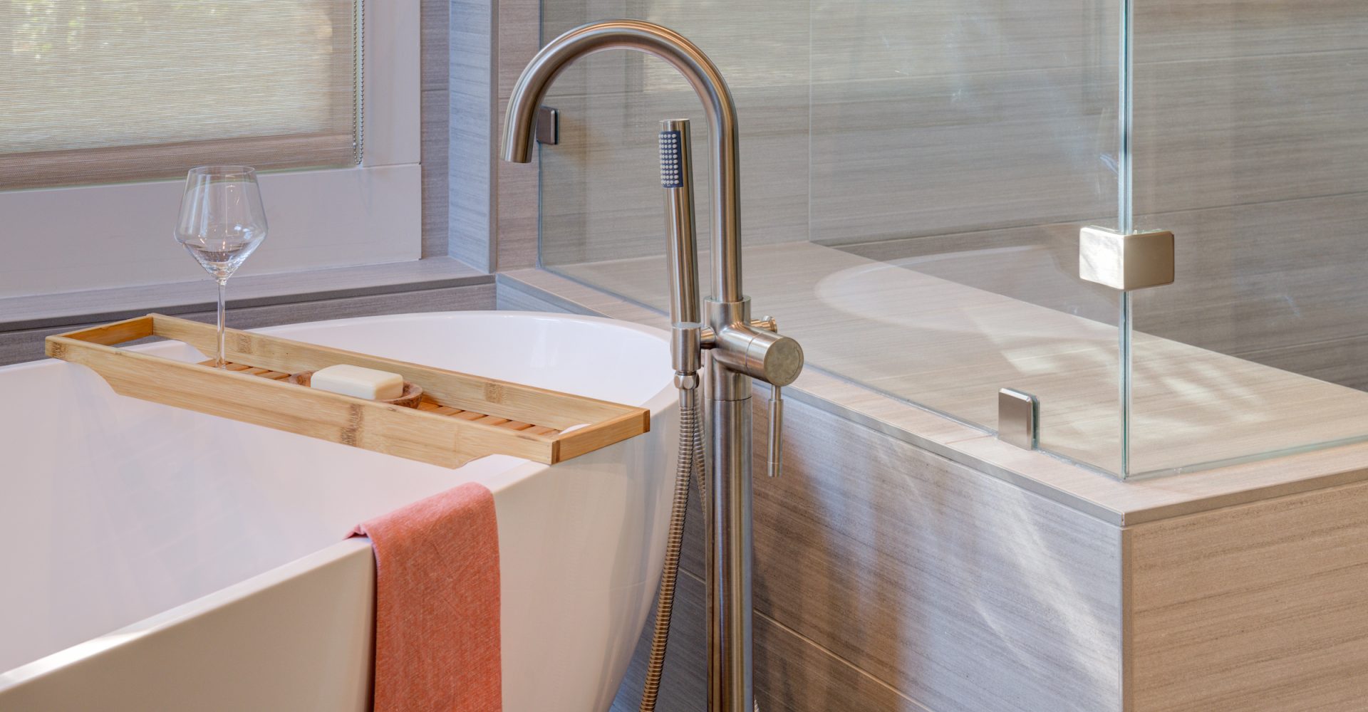 Custom bathroom remodel contemporary design soaking tub and shower by Sonoma County home builder LEFF Design Build.