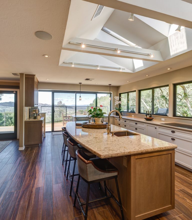 Kitchen remodel with skylights and views by Sonoma County home builder LEFF Design Build.