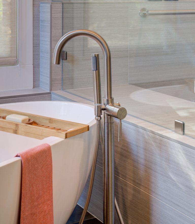 Custom bathroom remodel contemporary design soaking tub and shower by Sonoma County home builder LEFF Design Build.