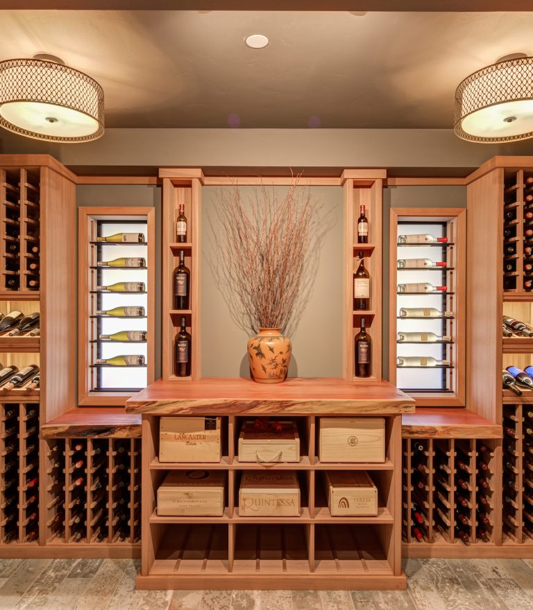 Custom wine cellar shelving by Sonoma County home builder LEFF Design Build.