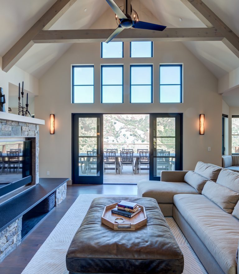 Custom living room remodel with skylights and fireplace by Sonoma County home builder LEFF Design Build.