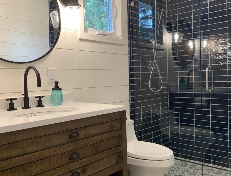 Custom bathroom remodel with modern finishes, vanity by Sonoma County's Premier Firm for Custom Homes + Remodeling LEFF Design Build.
