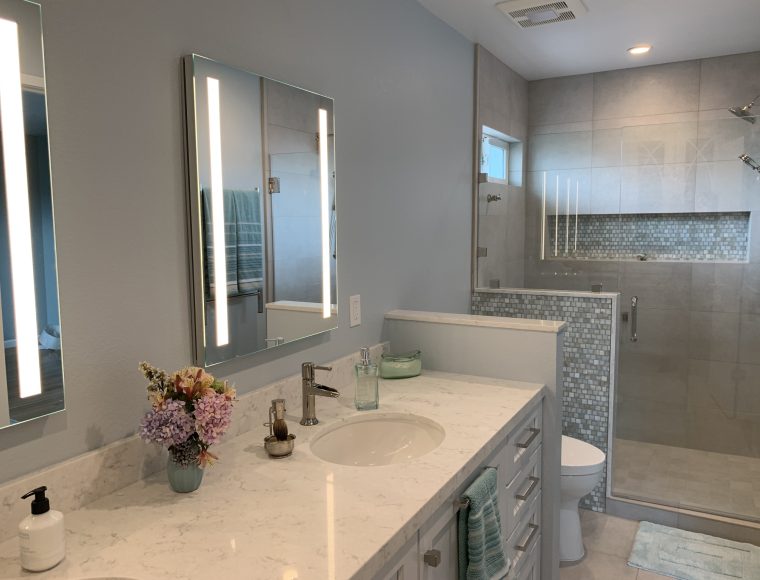 Custom bathroom with double sinks and glass shower by Sonoma County's Premier Firm for Custom Homes + Remodeling LEFF Design Build.